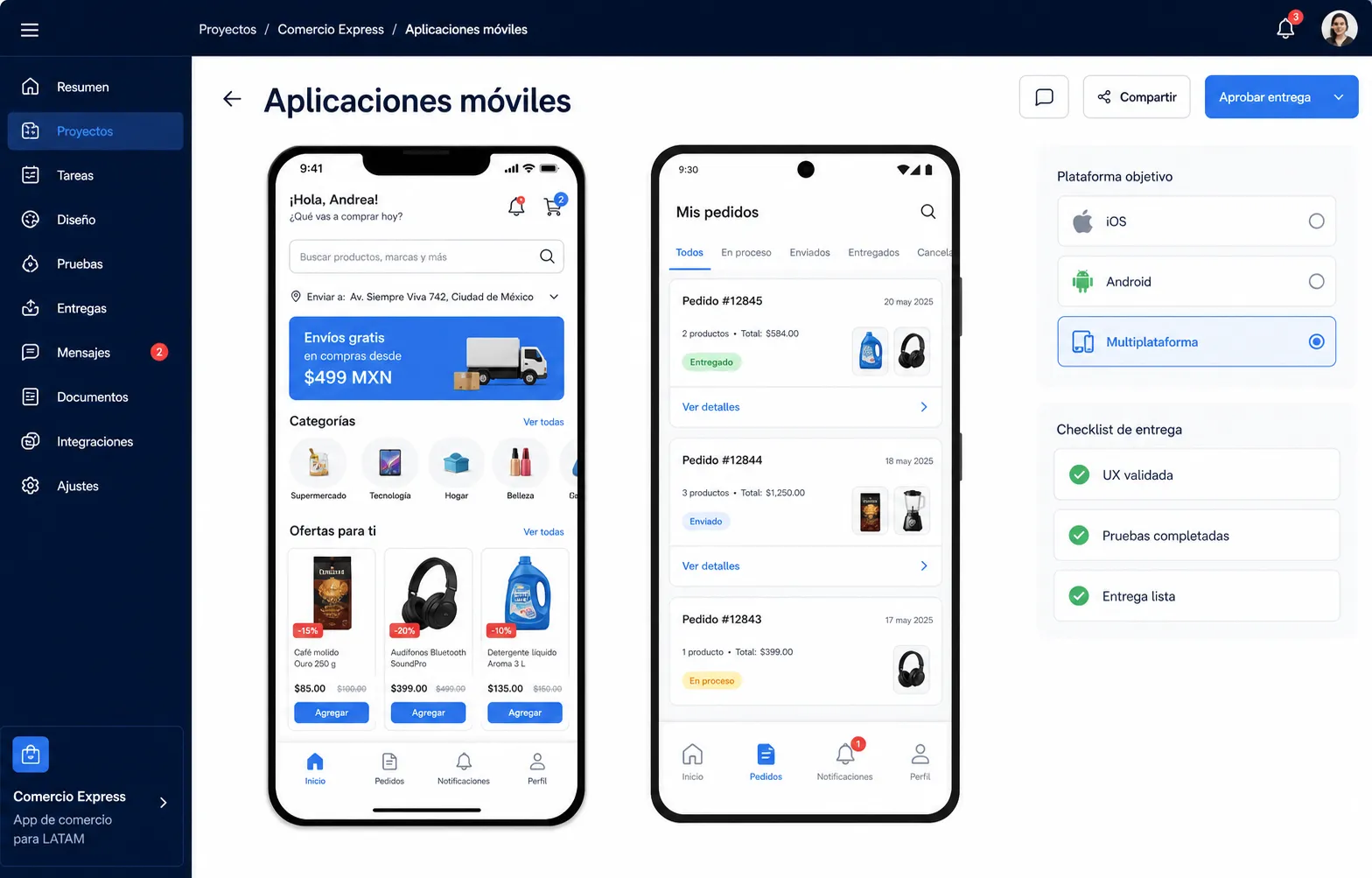 Workspace de diseño con dos pantallas móviles, selector de iOS, Android y multiplataforma, y checklist de entrega.