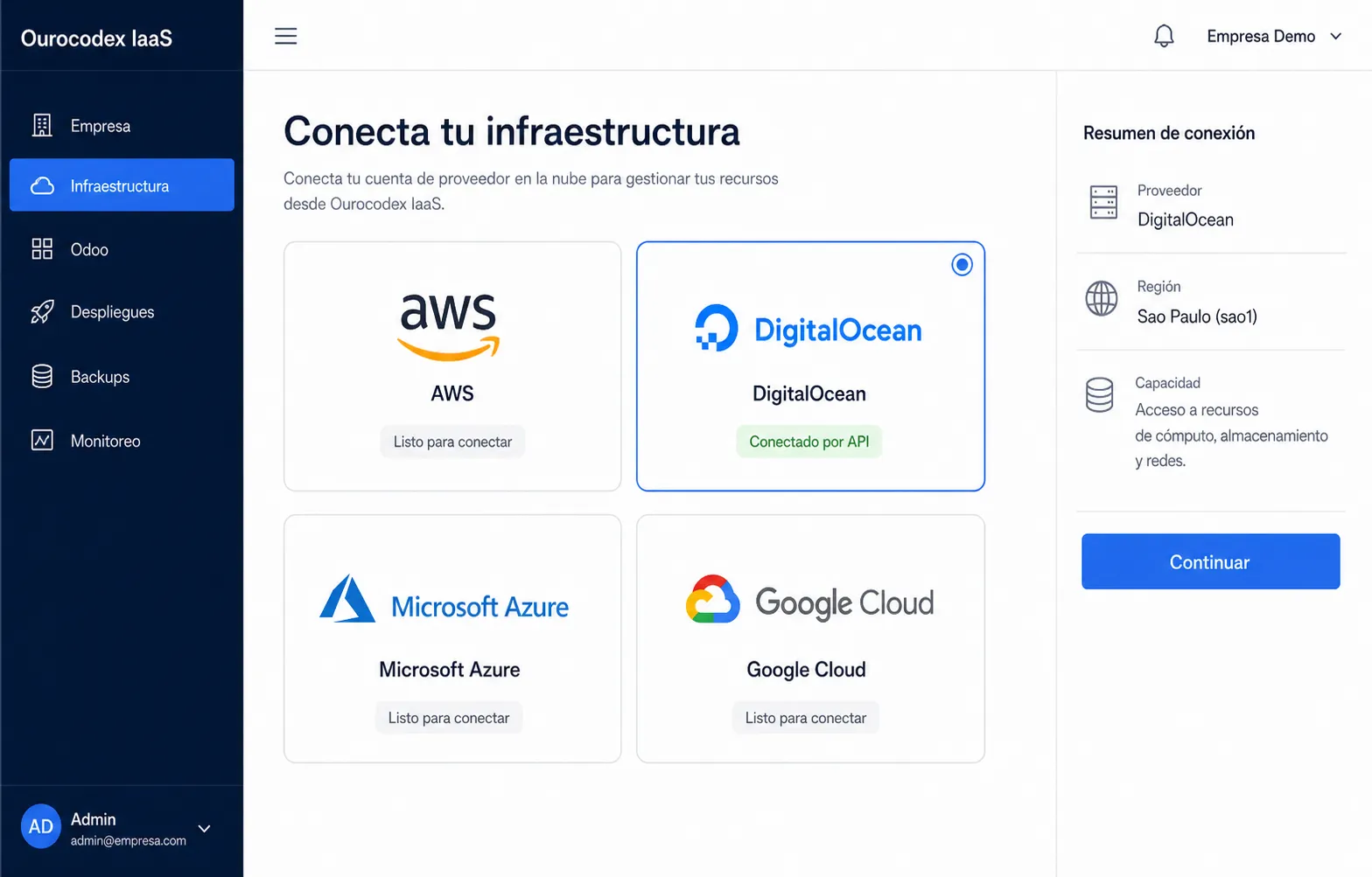 Pantalla para conectar una cuenta cloud con tarjetas y logos de AWS, DigitalOcean, Microsoft Azure y Google Cloud.
