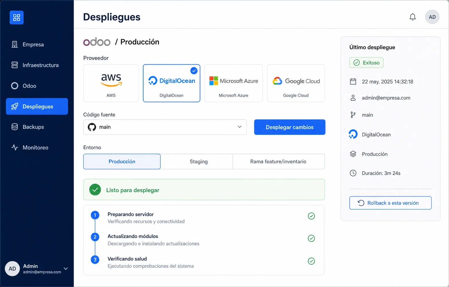 Pantalla de despliegues de Odoo con selector de proveedores cloud, rama main, ambientes y timeline de actualización.